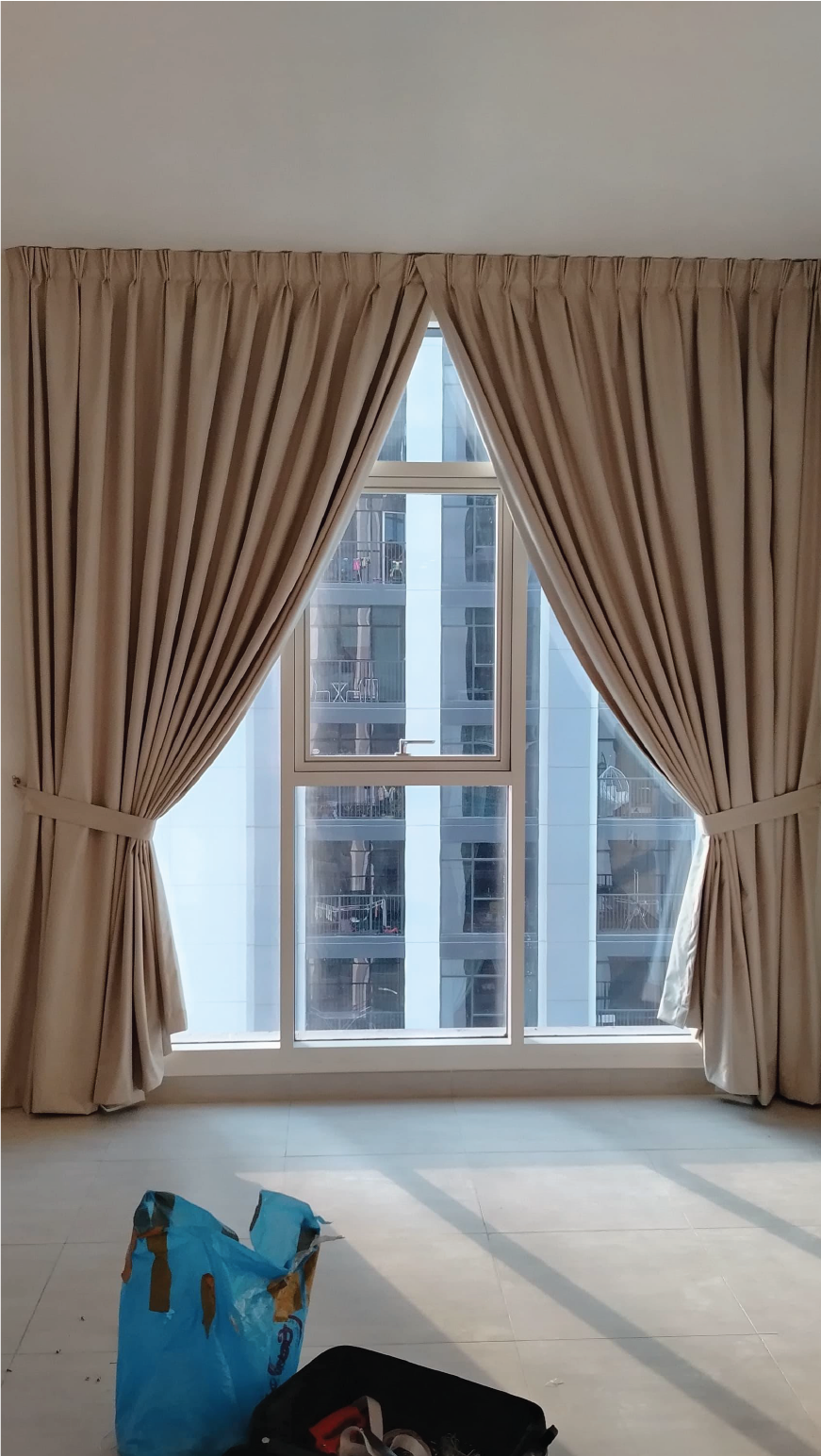 Beige Curtains for Large Window in Modern Room